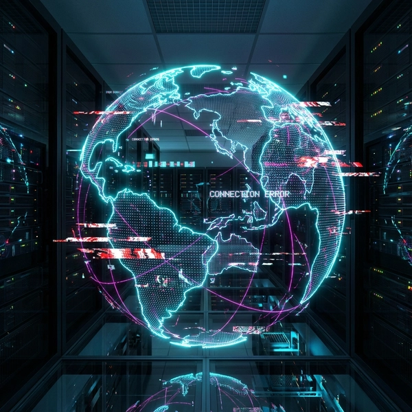 Abstract visualization of a global digital network disrupted by a glitch