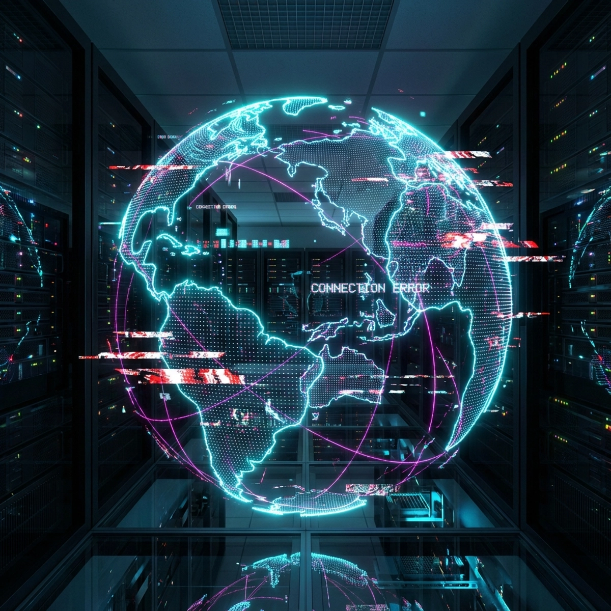 Abstract visualization of a global digital network disrupted by a glitch