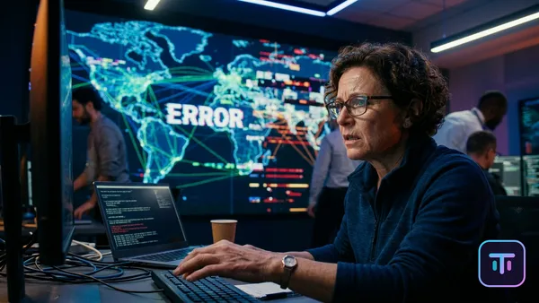 Abstrakte Visualisierung eines globalen digitalen Netzwerks, das durch eine Störung unterbrochen wird