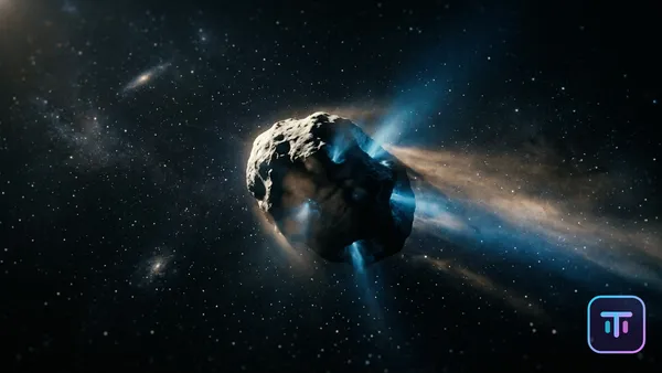 Artistic rendering of interstellar comet 3I/ATLAS showing blue gas vents in deep space
