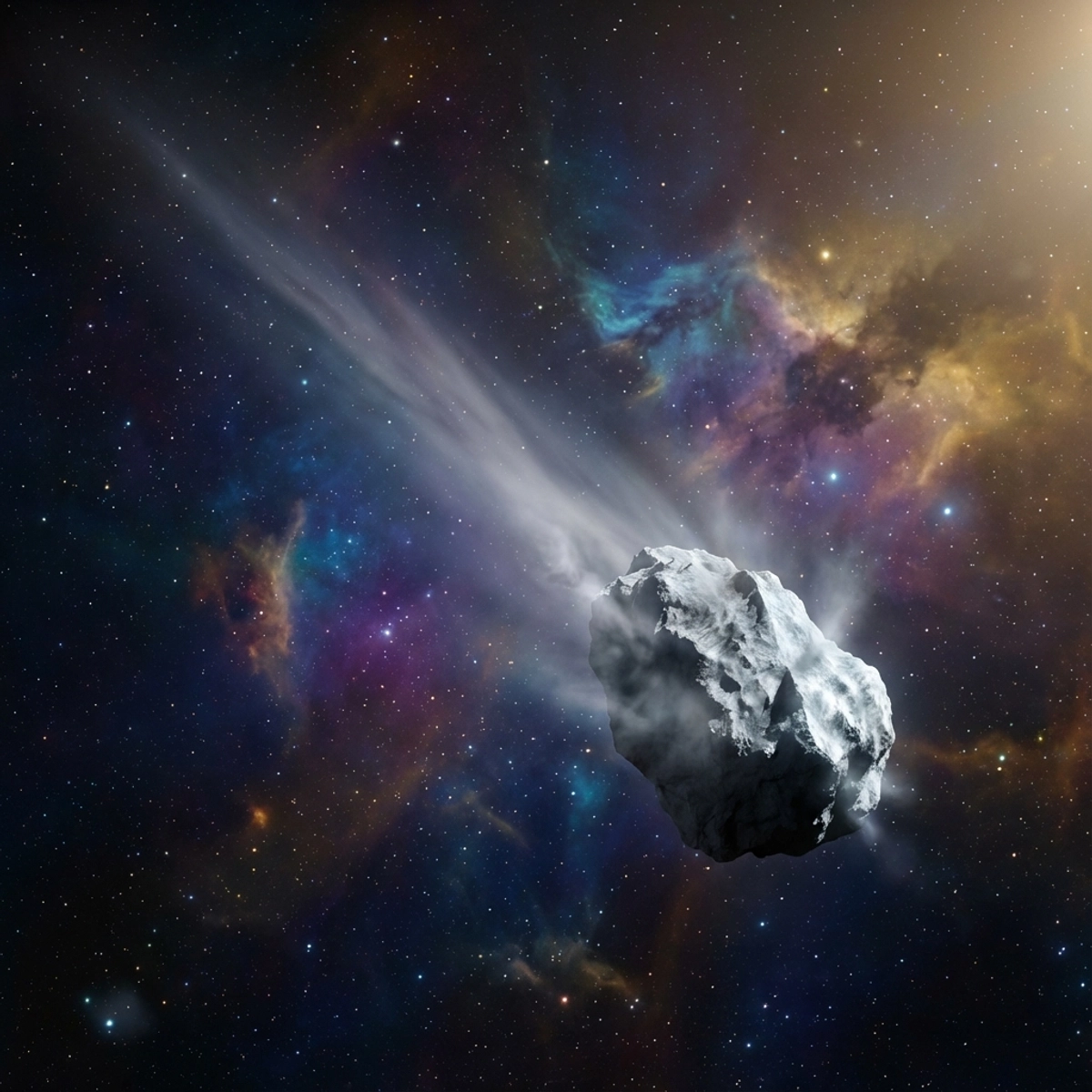 Artistic rendering of interstellar comet 3I/ATLAS showing blue gas vents in deep space