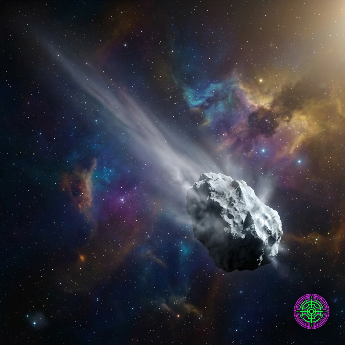 Représentation artistique de la comète interstellaire 3I/ATLAS montrant des évents de gaz bleus dans l'espace profond