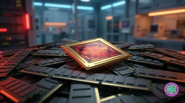 A gold-plated AI chip sitting atop a massive pile of standard grey industrial memory sticks.