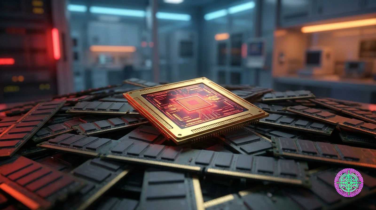 A gold-plated AI chip sitting atop a massive pile of standard grey industrial memory sticks.