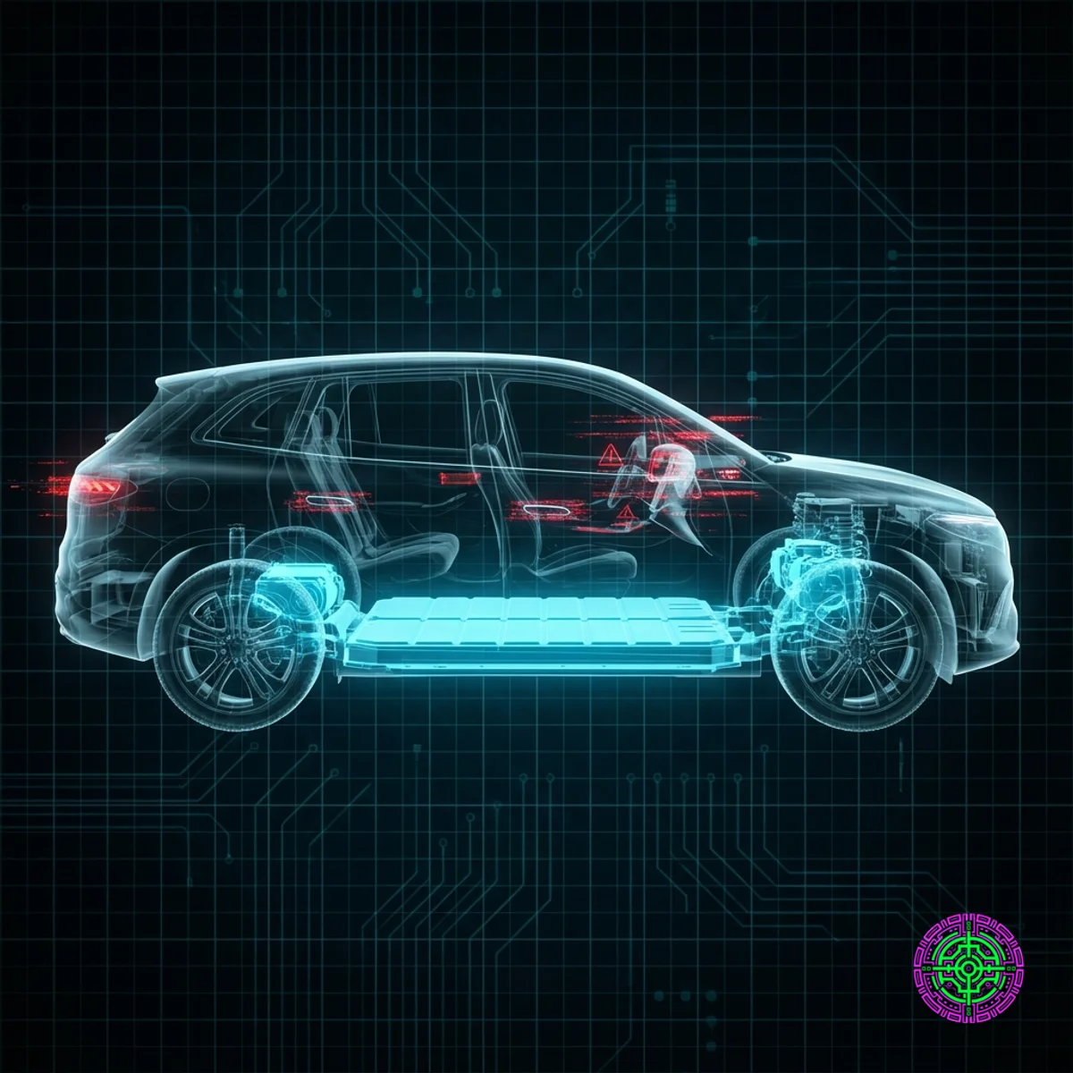 Eine geteilte Komposition, die ein Consumer Reports-Klemmbrett vs. ein High-Tech-EV-Chassis zeigt