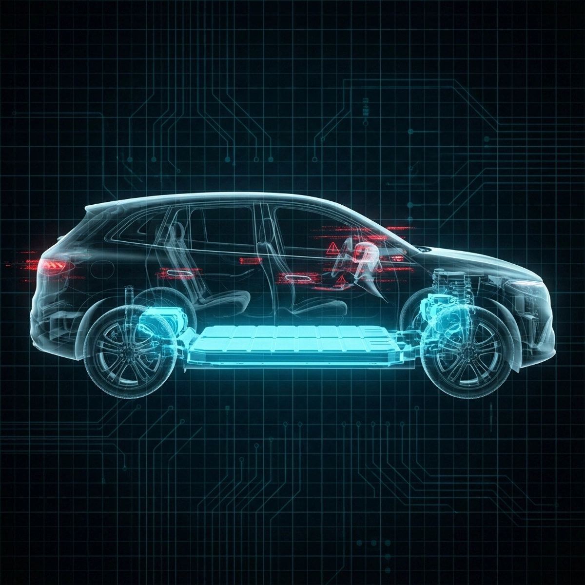 A split composition showing a Consumer Reports clipboard vs a high-tech EV chassis