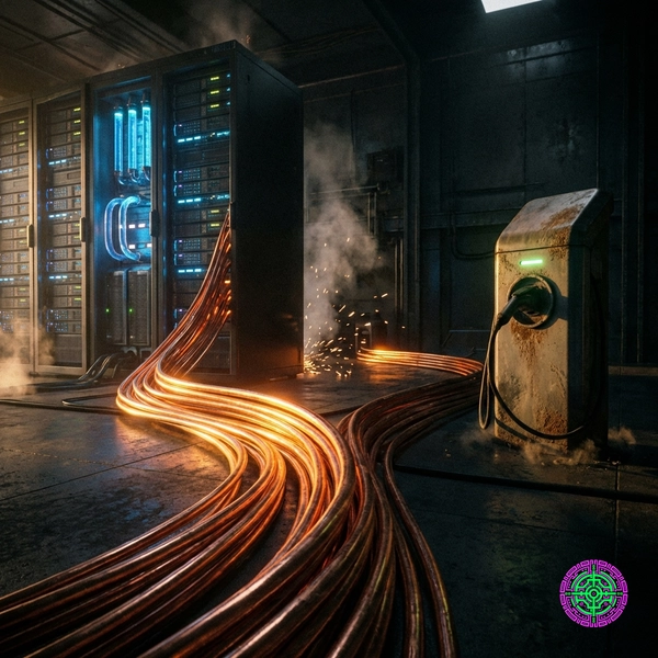 A visualization of copper cables bifurcating between a glowing AI chip and an EV charging port.