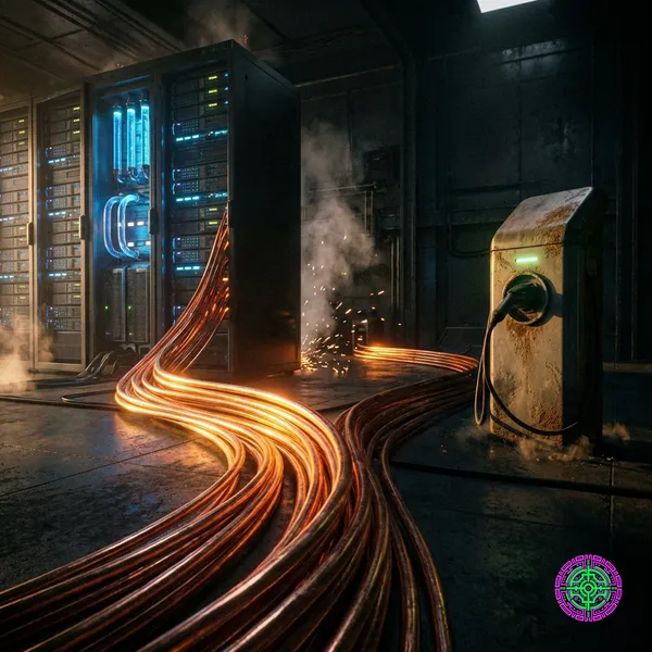 A visualization of copper cables bifurcating between a glowing AI chip and an EV charging port.