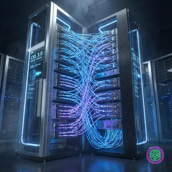 Futuristische Visualisierung von CXL Memory Pooling mit glühenden Datenströmen, die Server-Racks verbinden