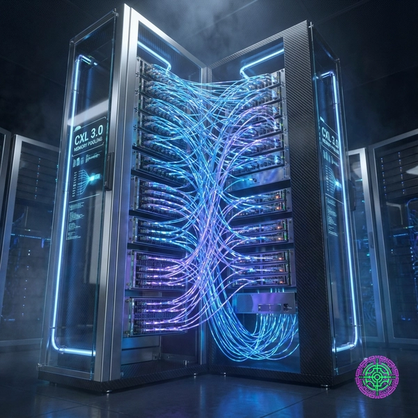 Futuristic visualization of CXL memory pooling with glowing data streams connecting server racks