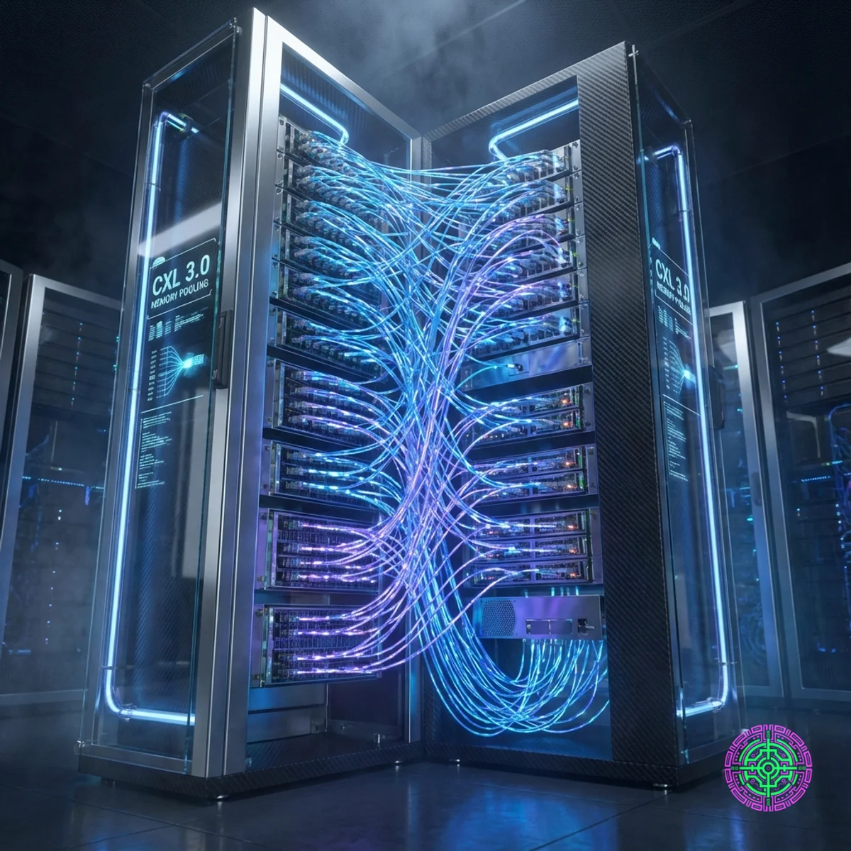 Futuristic visualization of CXL memory pooling with glowing data streams connecting server racks