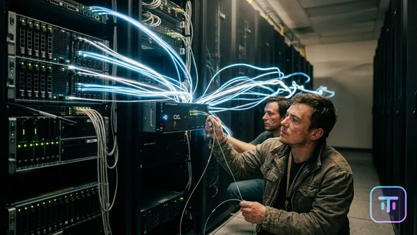 Futuristic visualization of CXL memory pooling with glowing data streams connecting server racks