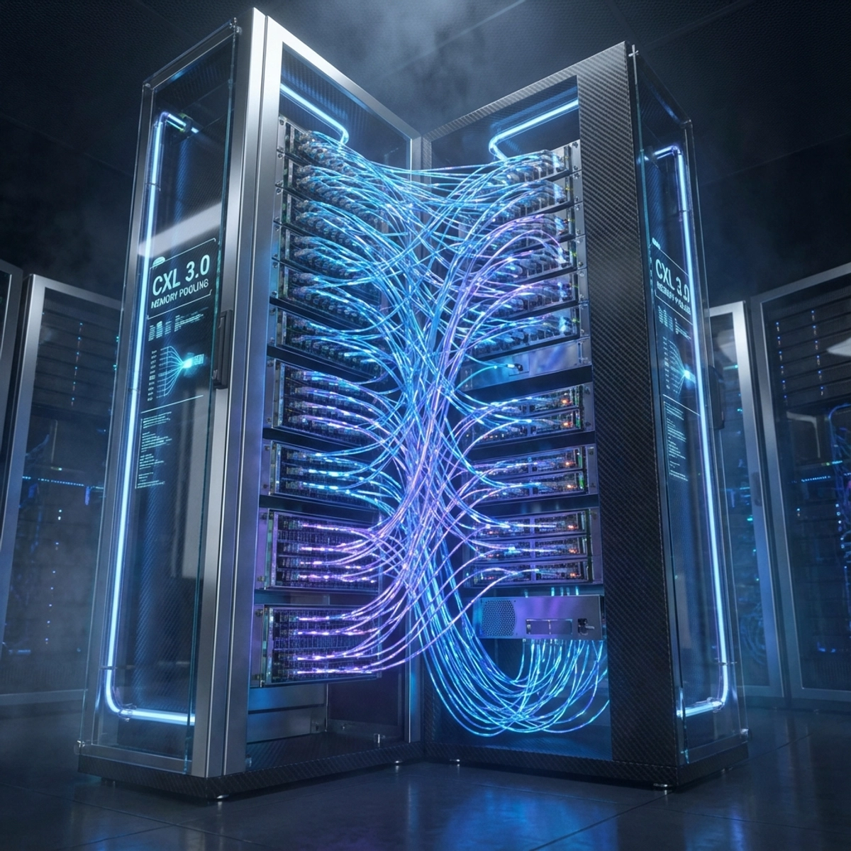 Futuristic visualization of CXL memory pooling with glowing data streams connecting server racks