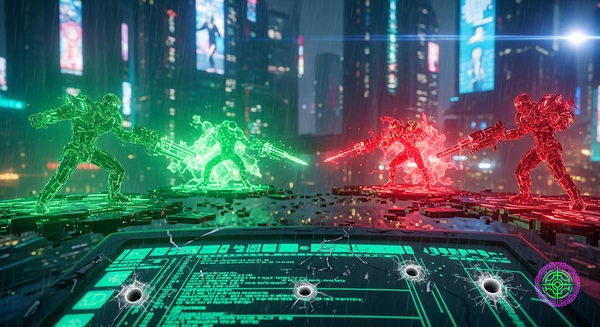 Cyberpunk terminal battlefield, AI agents fighting, neon green and red, 16:9 aspect ratio
