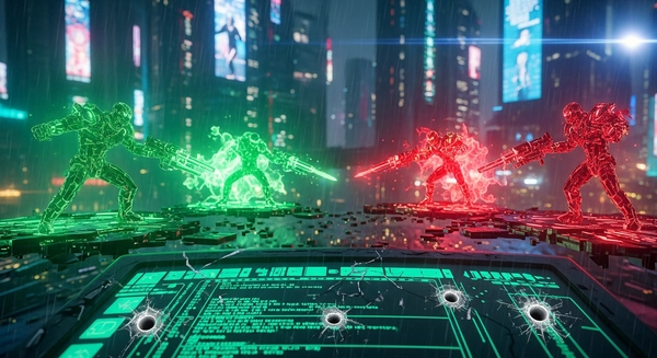 Cyberpunk terminal battlefield, AI agents fighting, neon green and red, 16:9 aspect ratio
