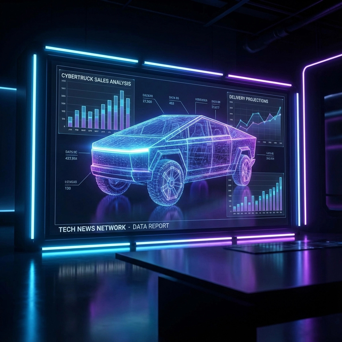 Digital wireframe analysis of a Tesla Cybertruck with sales data overlays