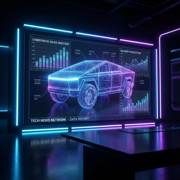 Digital wireframe analysis of a Tesla Cybertruck with sales data overlays