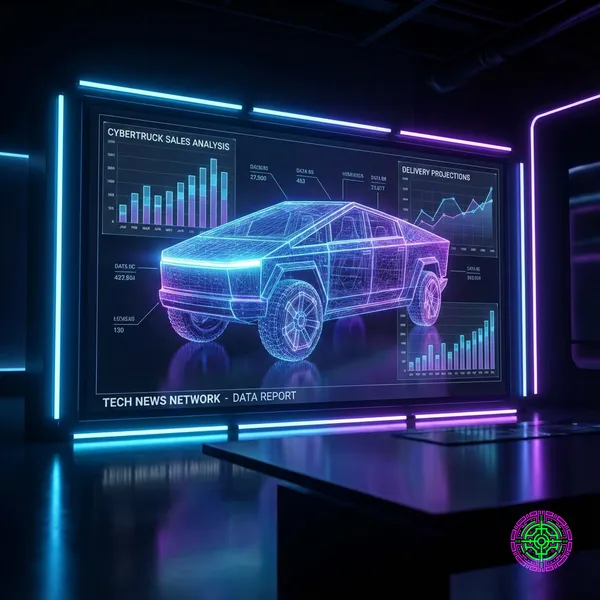 Digital wireframe analysis of a Tesla Cybertruck with sales data overlays