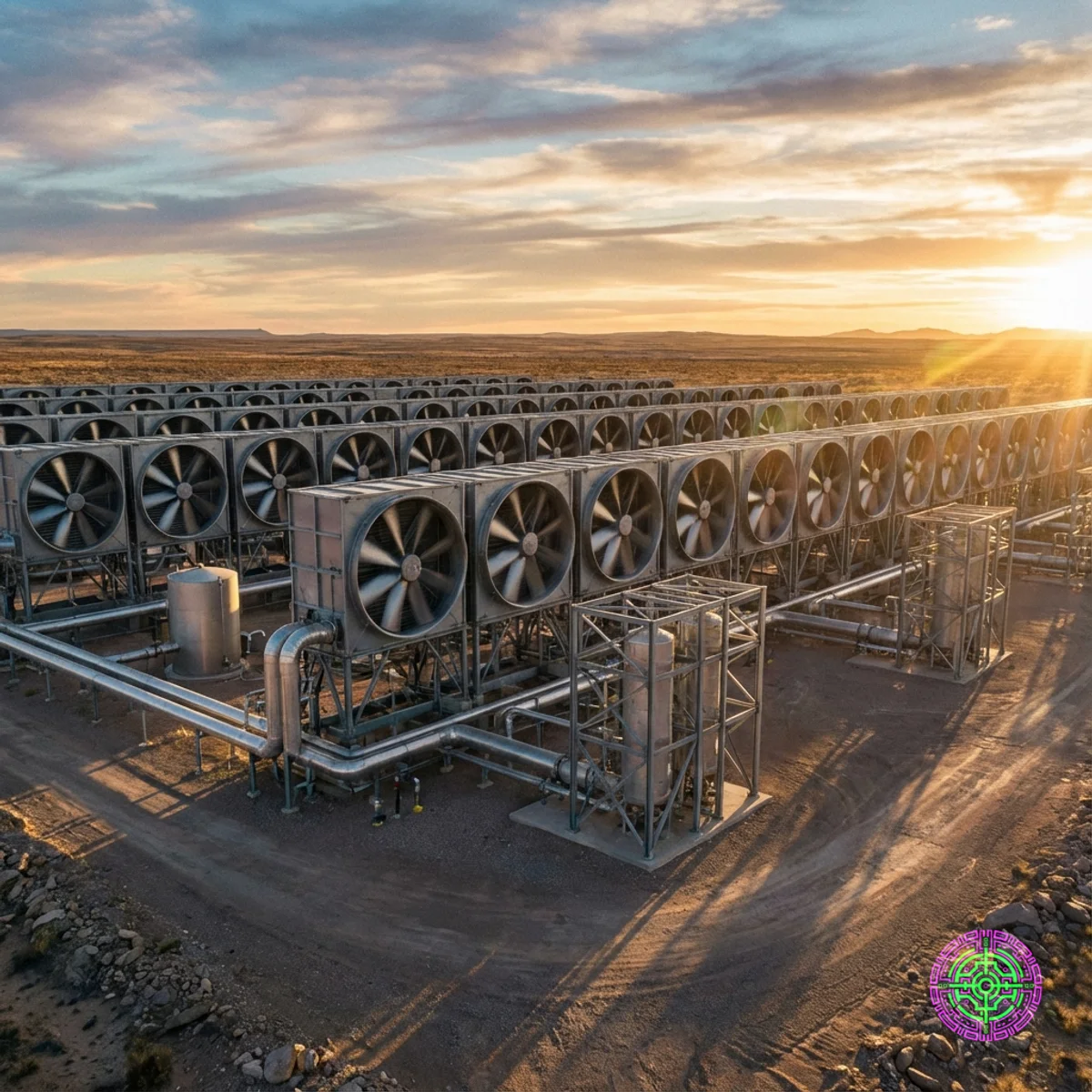 Una enorme instalación industrial de captura directa de aire con filas de ventiladores en un paisaje desértico al atardecer.