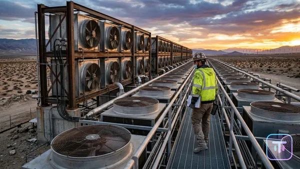 Una enorme instalación industrial de captura directa de aire con filas de ventiladores en un paisaje desértico al atardecer.