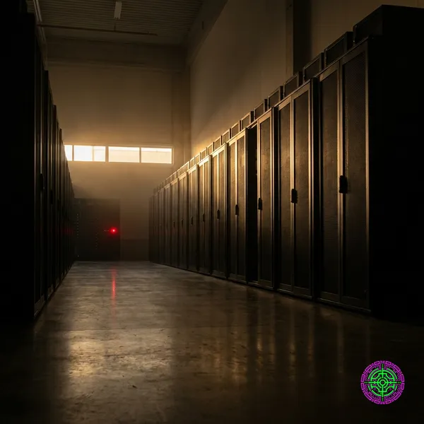 Ein schwach beleuchtetes Lagerhaus mit einem Stapel Serverracks, von denen nur eines aktiv leuchtet und dunkles Silizium symbolisiert.