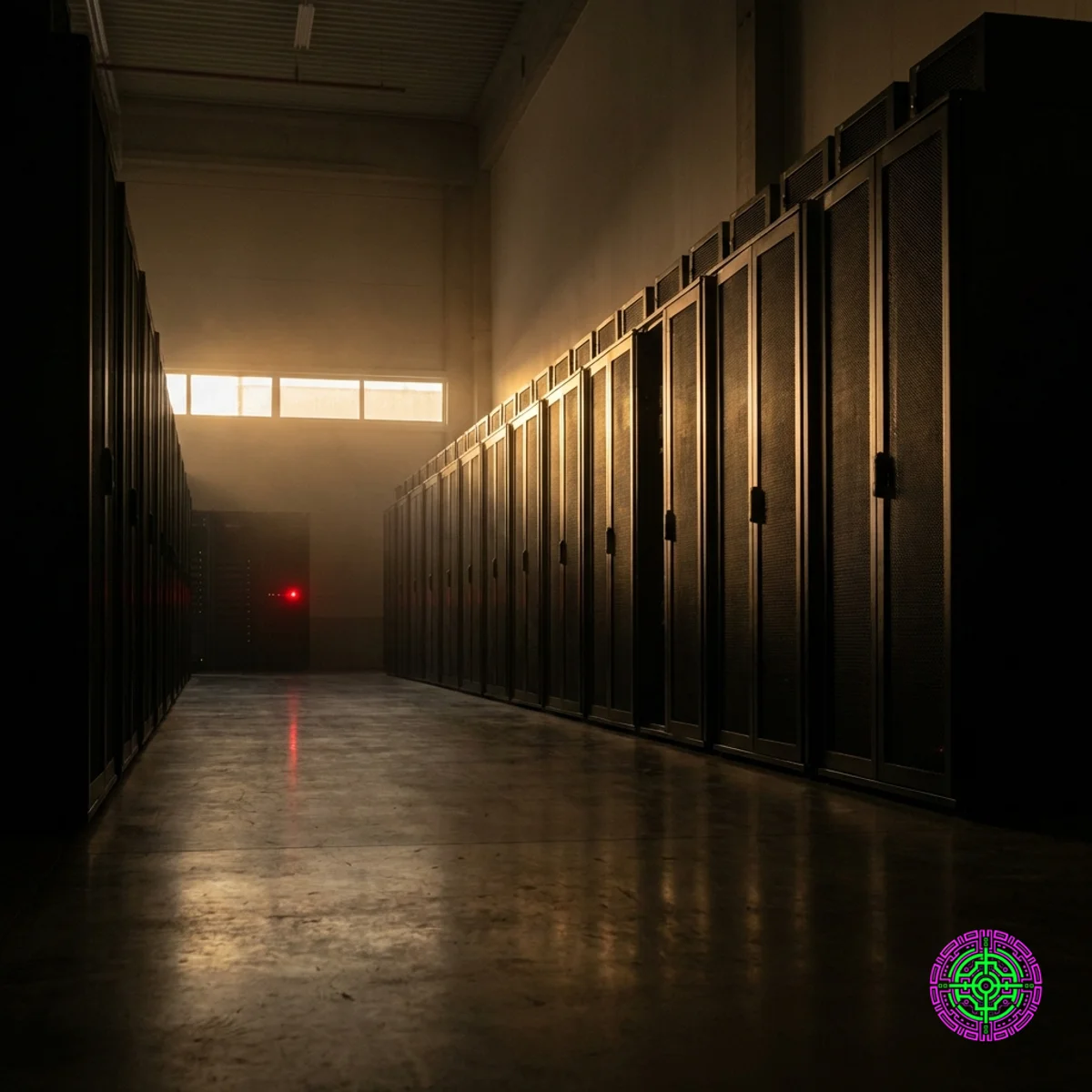 一个光线昏暗的仓库，堆满了服务器机架，只有一个在主动发光，象征着暗硅。