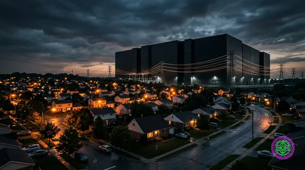 A high contrast, dramatic scene of suburban homes glowing ominously, while a sleek, windowless black monolith data center looms in the background siphoning power, ultra-wide 16:9 composition, cinematic lighting