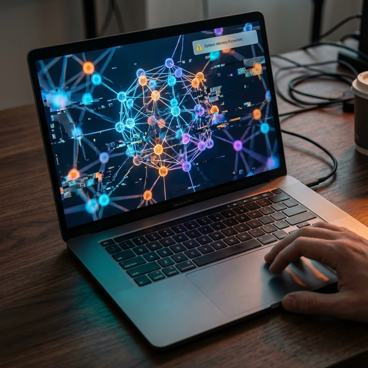 A laptop screen displaying an out of memory error while trying to run a neural network visualization.