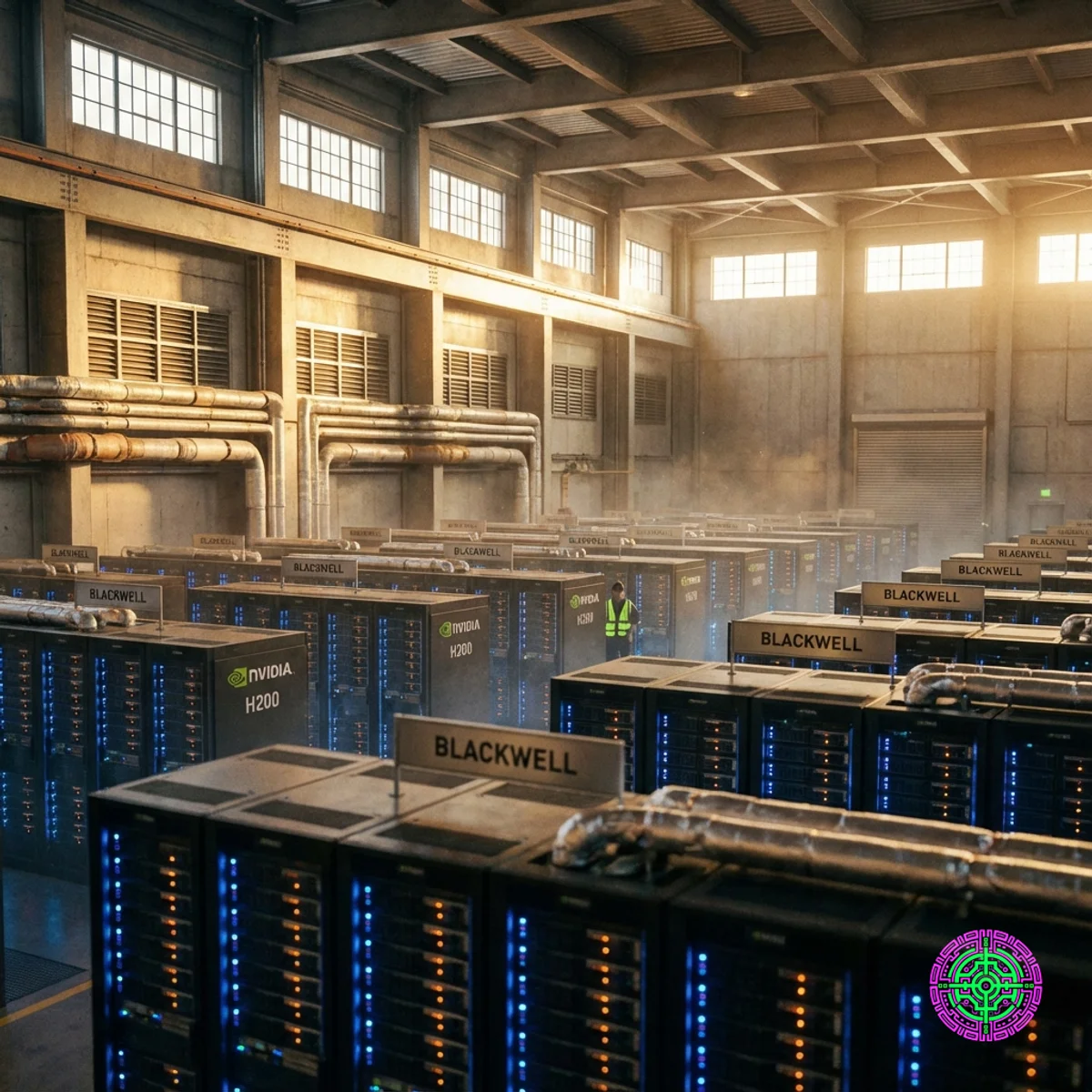 Um enorme cluster de data center de IA com fileiras de servidores GPU Nvidia H200 e Blackwell brilhando com luzes LED azuis e âmbar.