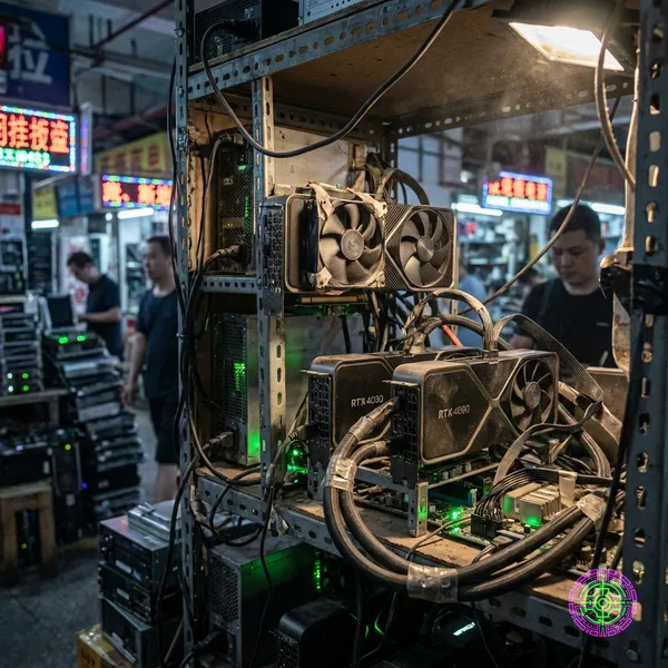 A close-up of a hacked-together server rack in Shenzhen featuring consumer GPUs wired with custom cooling and green LED status lights.