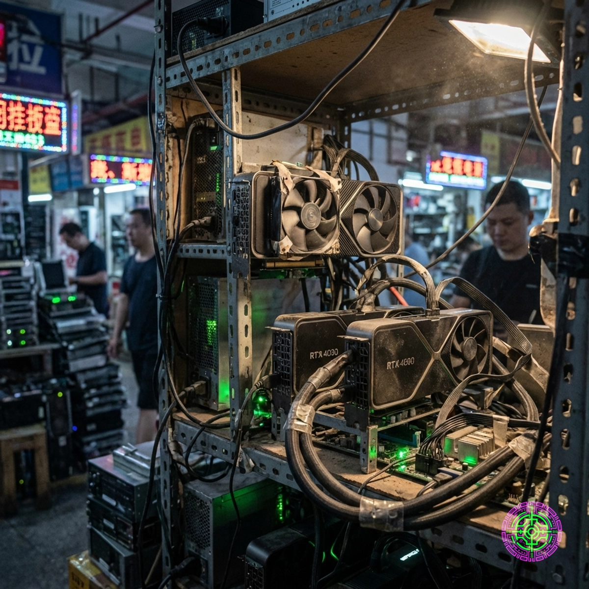 A close-up of a hacked-together server rack in Shenzhen featuring consumer GPUs wired with custom cooling and green LED status lights.