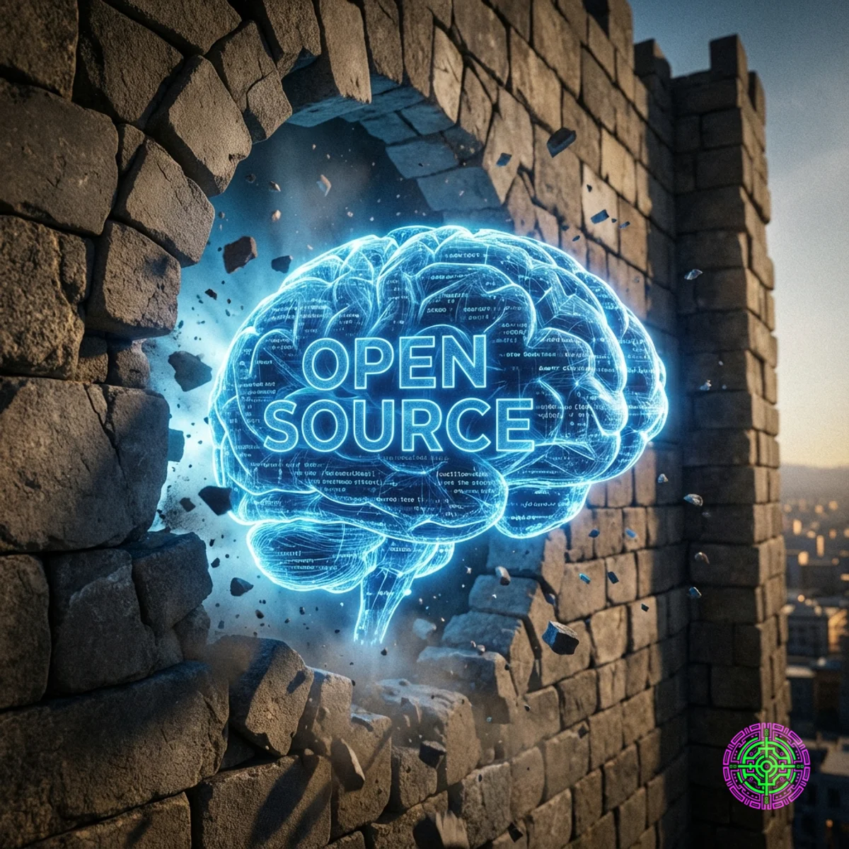Digital brain breaking through a stone wall, symbolizing DeepSeek's disruption.