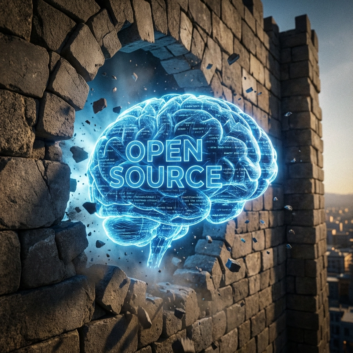Digital brain breaking through a stone wall, symbolizing DeepSeek's disruption.