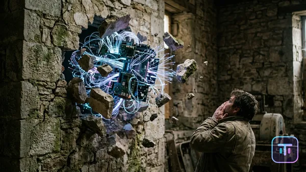 Digital brain breaking through a stone wall, symbolizing DeepSeek's disruption.