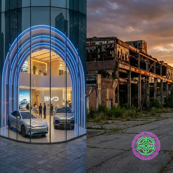 A split image showing a gleaming BYD showroom in Shanghai with modern EVs on the left, contrasted with an abandoned Detroit auto factory at sunset on the right.