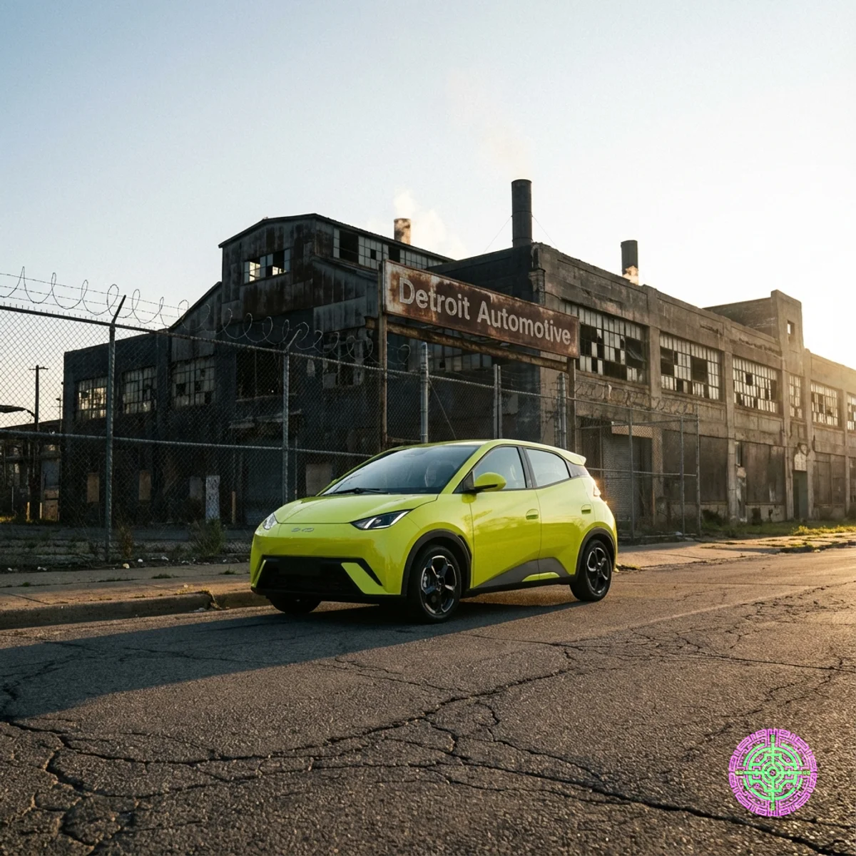 Une BYD Seagull jaune garée devant une usine sombre de Détroit avec de hautes clôtures.