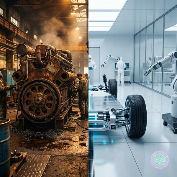 A split composition showing a complex hybrid engine block vs a sleek, simple EV battery skateboard.