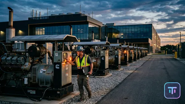 Rows of industrial diesel generators behind a modern data center facility at dusk