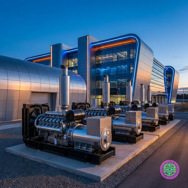 Rows of industrial diesel generators behind a modern data center facility at dusk