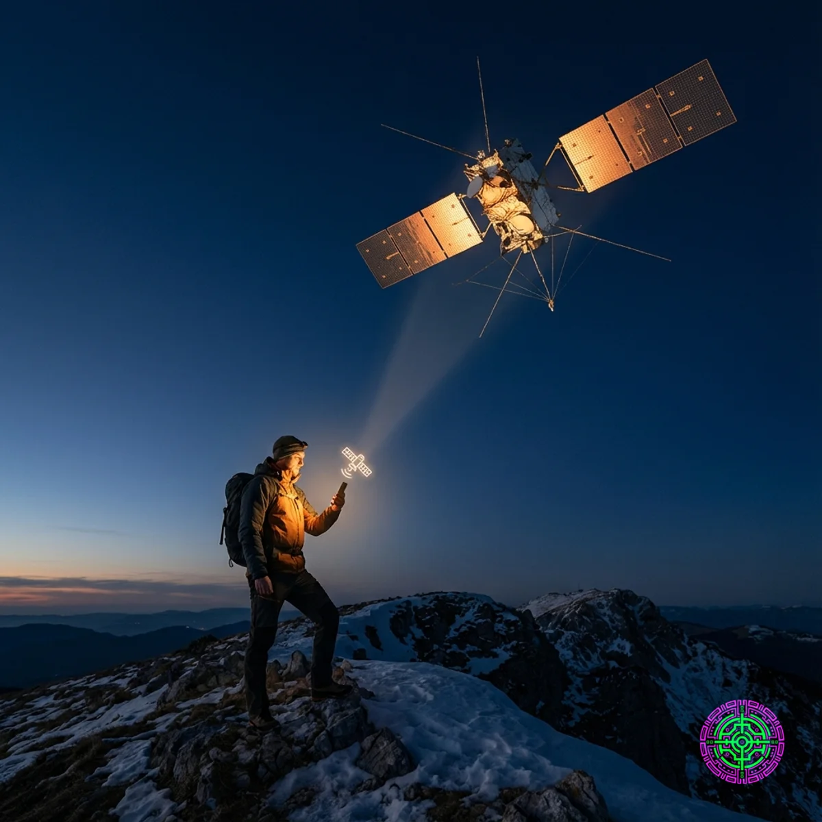 Ein Wanderer, der sich mit einem Standard-Smartphone mit einem Satelliten verbindet