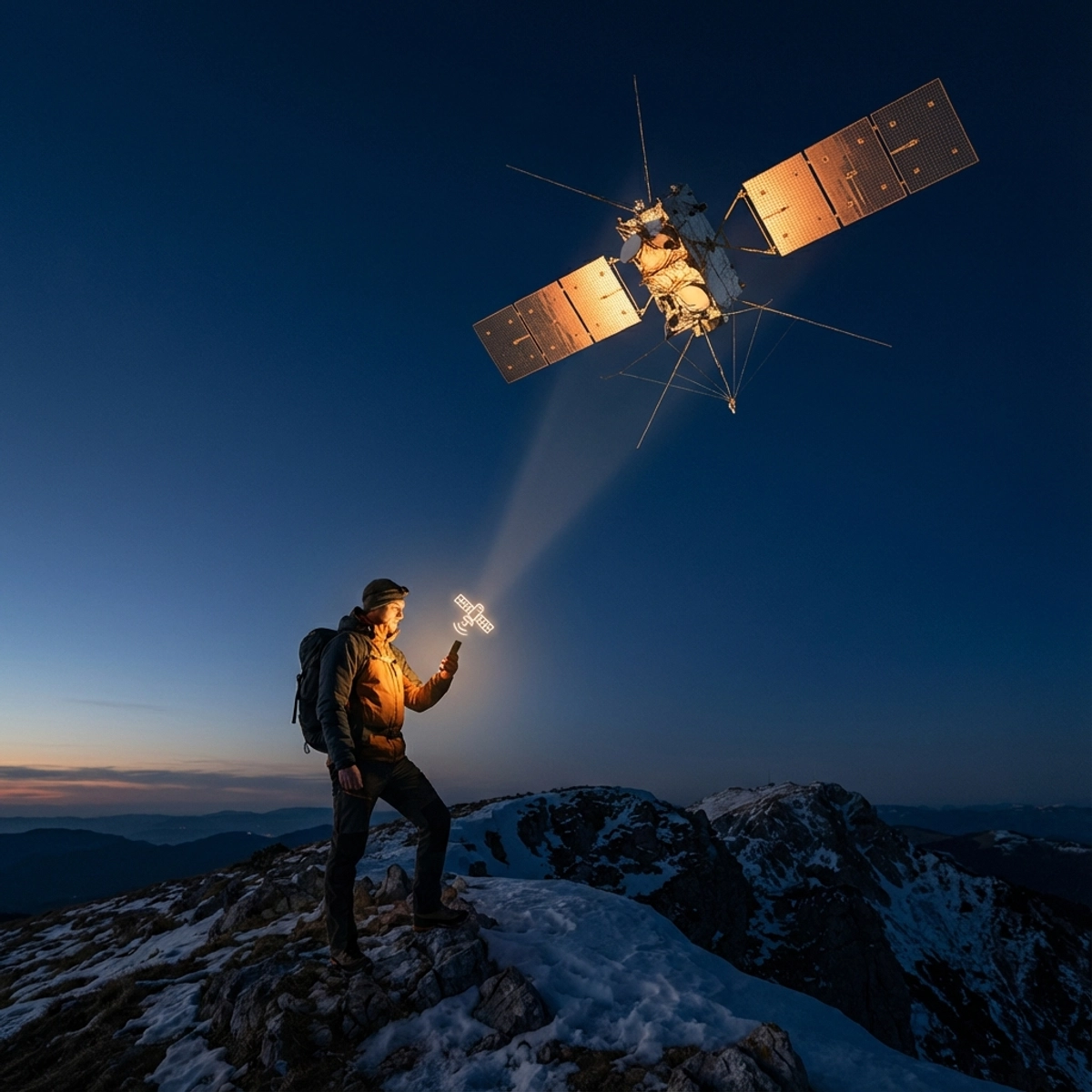 A hiker connecting to a satellite with a standard smartphone