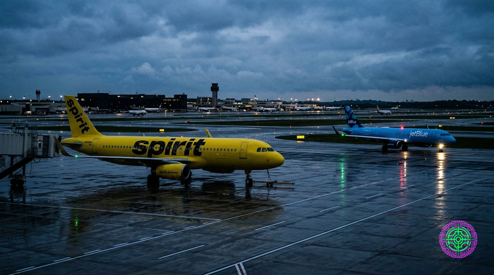 A grounded yellow Spirit Airlines Airbus A320 sitting alone on a rain-slicked empty tarmac at twilight with navigation lights off and jet bridge retracted, while a JetBlue blue Airbus A220 taxis under runway lights in the middle distance, the contrast of dead yellow and living blue, photojournalistic style with available light, shot on Canon EOS R5 200mm telephoto, gritty film grain, Pulitzer Prize photo journalism aesthetic
