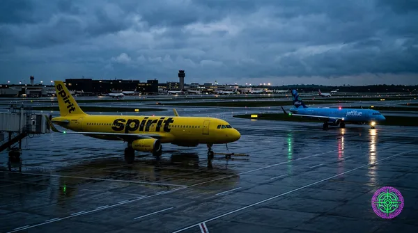 A grounded yellow Spirit Airlines Airbus A320 sitting alone on a rain-slicked empty tarmac at twilight with navigation lights off and jet bridge retracted, while a JetBlue blue Airbus A220 taxis under runway lights in the middle distance, the contrast of dead yellow and living blue, photojournalistic style with available light, shot on Canon EOS R5 200mm telephoto, gritty film grain, Pulitzer Prize photo journalism aesthetic