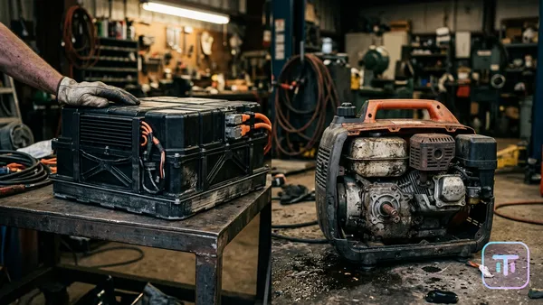 A conceptual view of a high-tech solid-state battery pack positioned next to a discarded internal combustion engine generator.