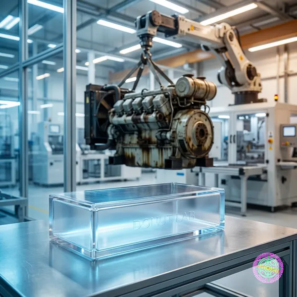 A conceptual view of a high-tech solid-state battery pack positioned next to a discarded internal combustion engine generator.