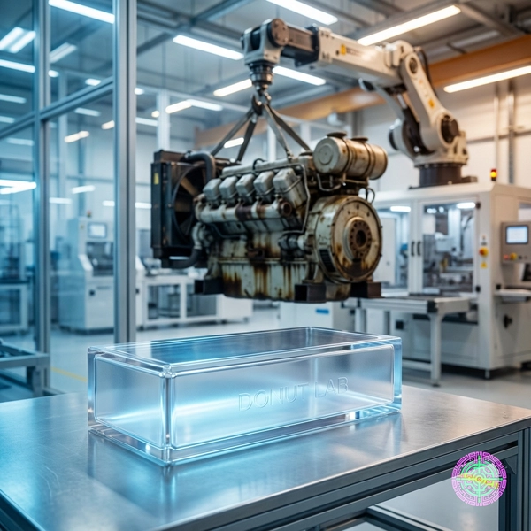 A conceptual view of a high-tech solid-state battery pack positioned next to a discarded internal combustion engine generator.