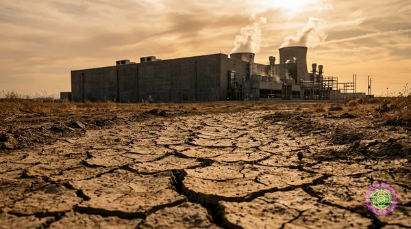 A photojournalistic scene of cracked, dry earth in the foreground with a massive windowless data center in the background venting steam from cooling towers, dramatic golden hour lighting, cinematic 16:9 ultra-wide composition