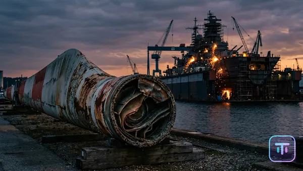 A split composition showing a rusting offshore wind turbine blade in the foreground and the silhouette of a massive battleship under construction in a drydock in the background, illuminated by welding sparks.