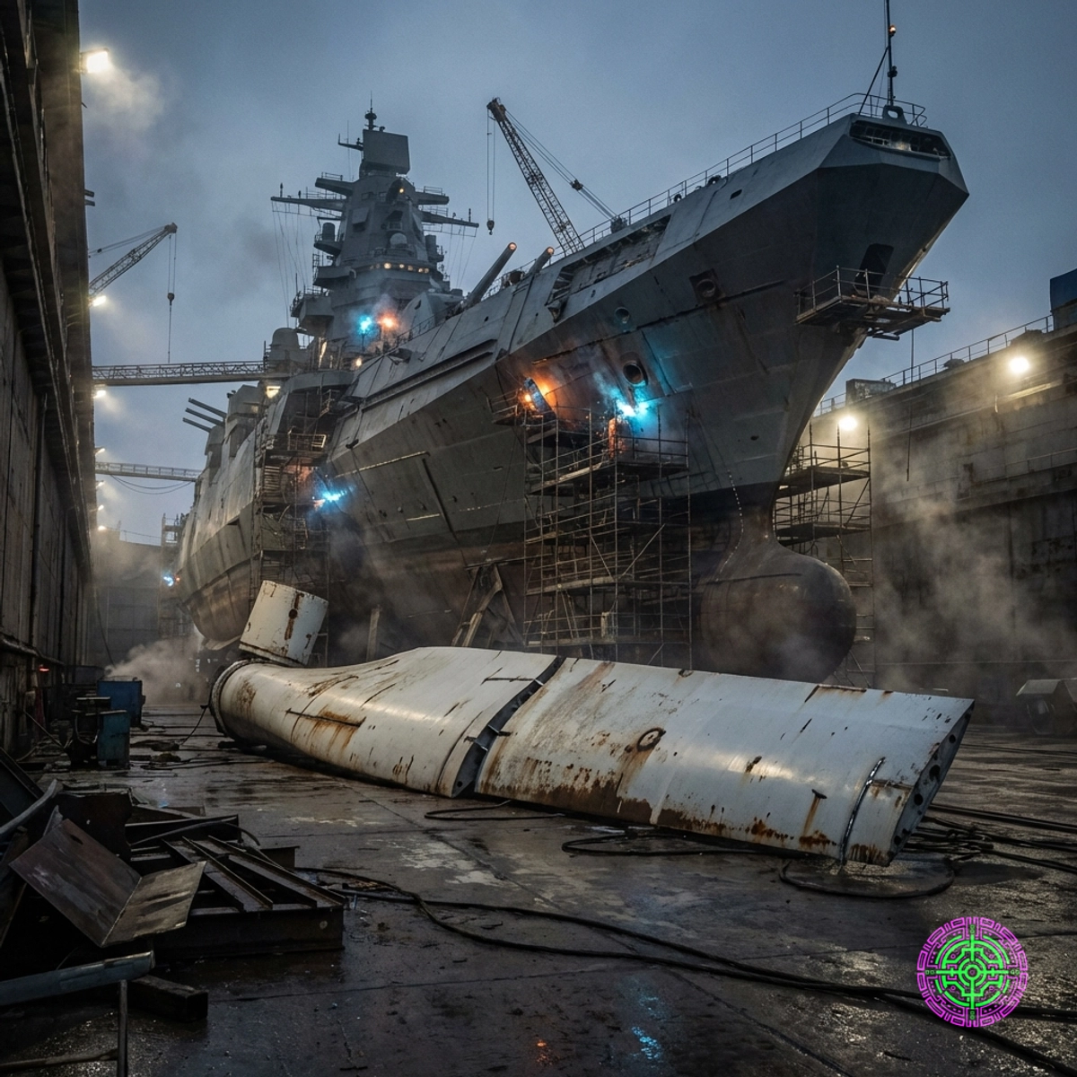 A split composition showing a rusting offshore wind turbine blade in the foreground and the silhouette of a massive battleship under construction in a drydock in the background, illuminated by welding sparks.