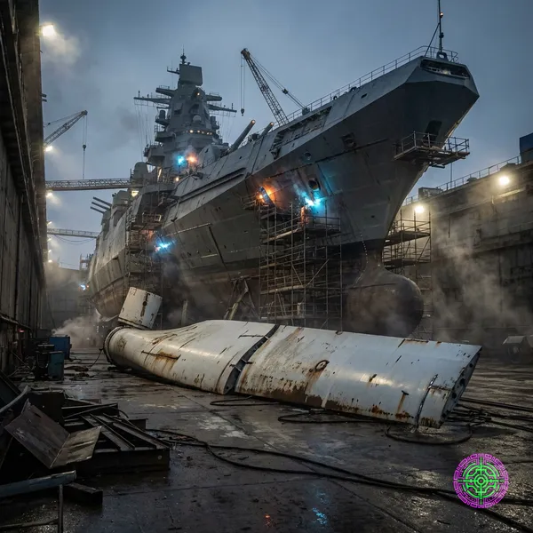 A split composition showing a rusting offshore wind turbine blade in the foreground and the silhouette of a massive battleship under construction in a drydock in the background, illuminated by welding sparks.